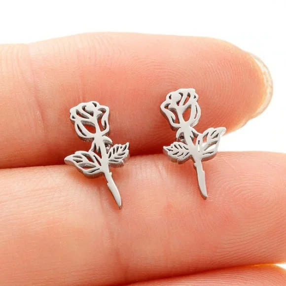 Rose Flower Outline Silver Toned Stud Earrings - Picture 1 of 1